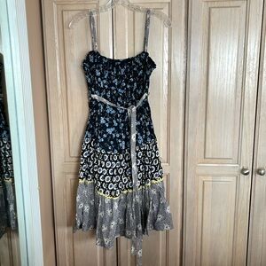 Free People smocked patchwork floral print dress with waist tie